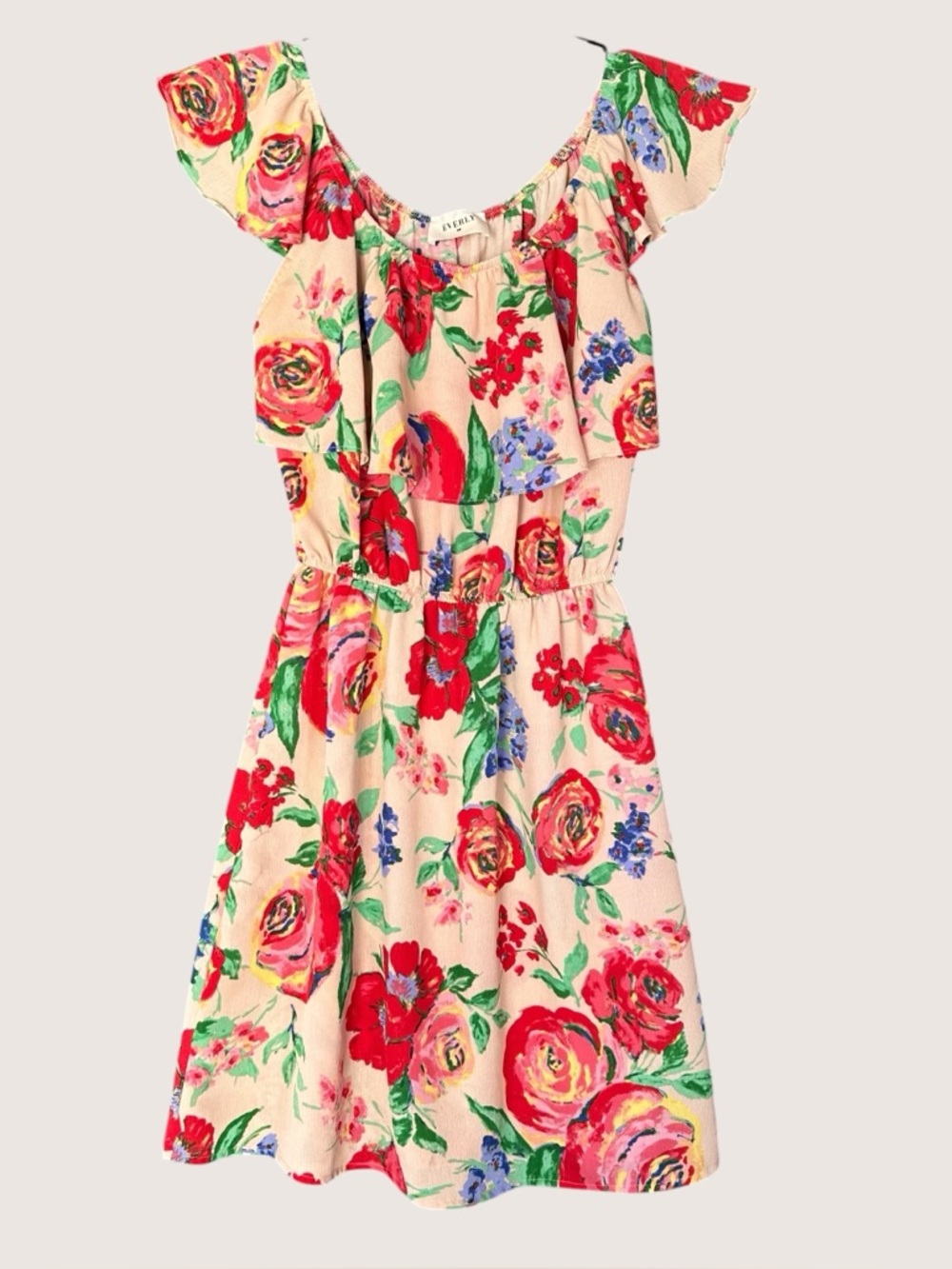 Floral Ruffle-Shoulder Women’s Dress - Peach with Red & Green Floral
